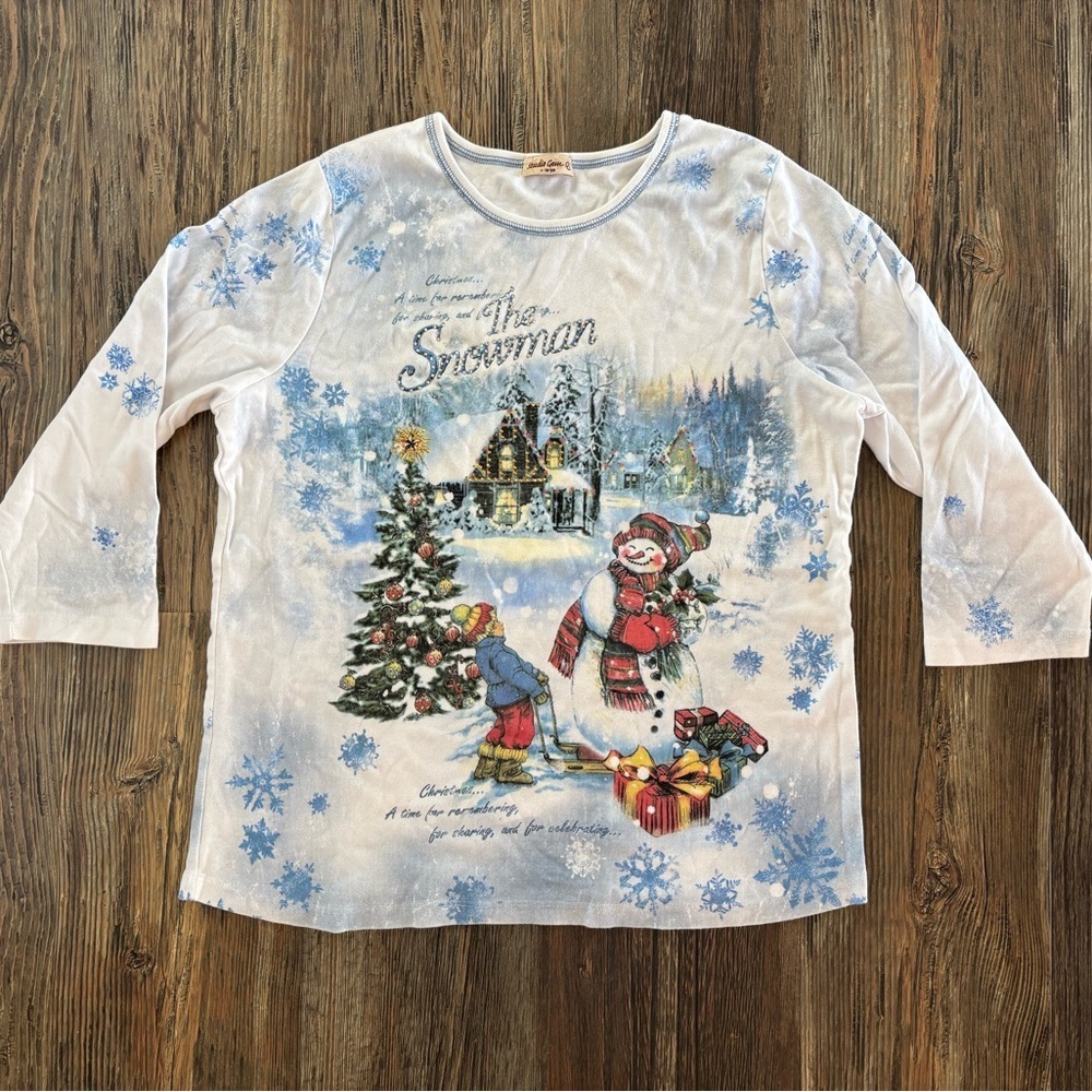 Studio Gem Q Christmas 3/4 Sleeve Shirt XL White The Snowman Holiday Embellished